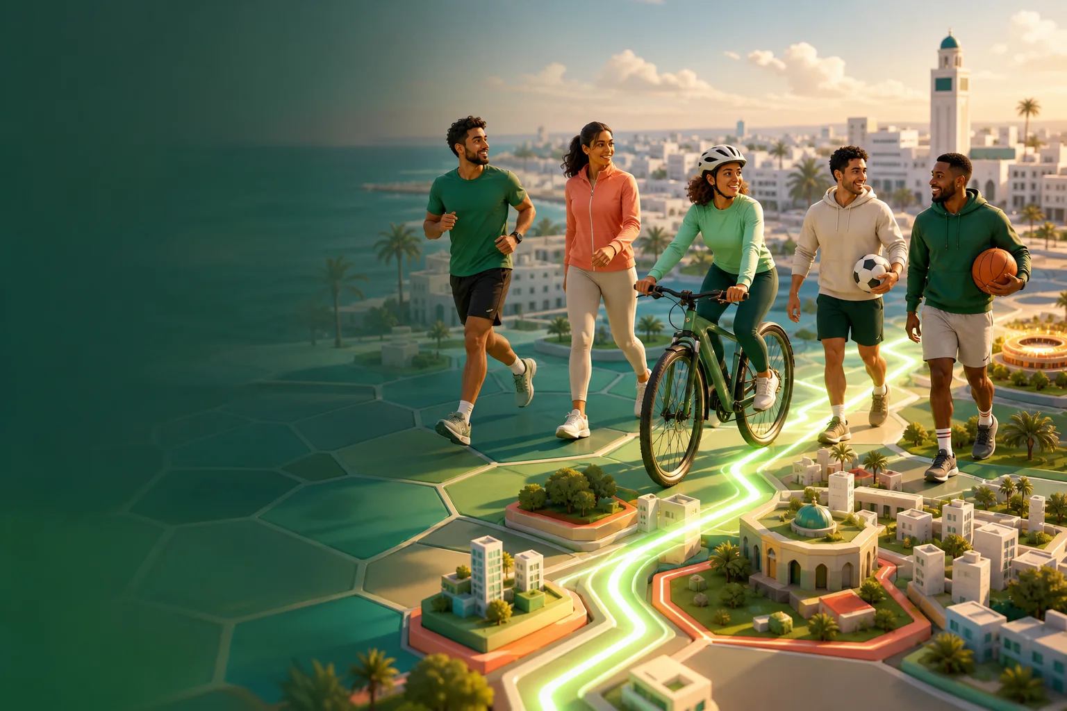 Friends running, walking, cycling, and carrying sports balls across a playful city territory map