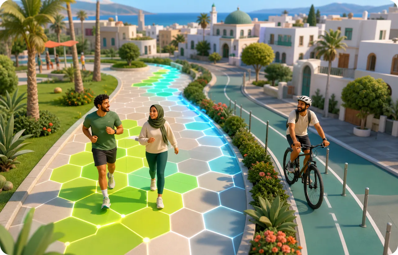 Friends running, walking, and cycling through glowing territory cells on a safe neighborhood route