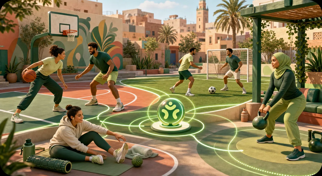 A mixed crew playing basketball and football, strength training, and recovering around a shared game beacon